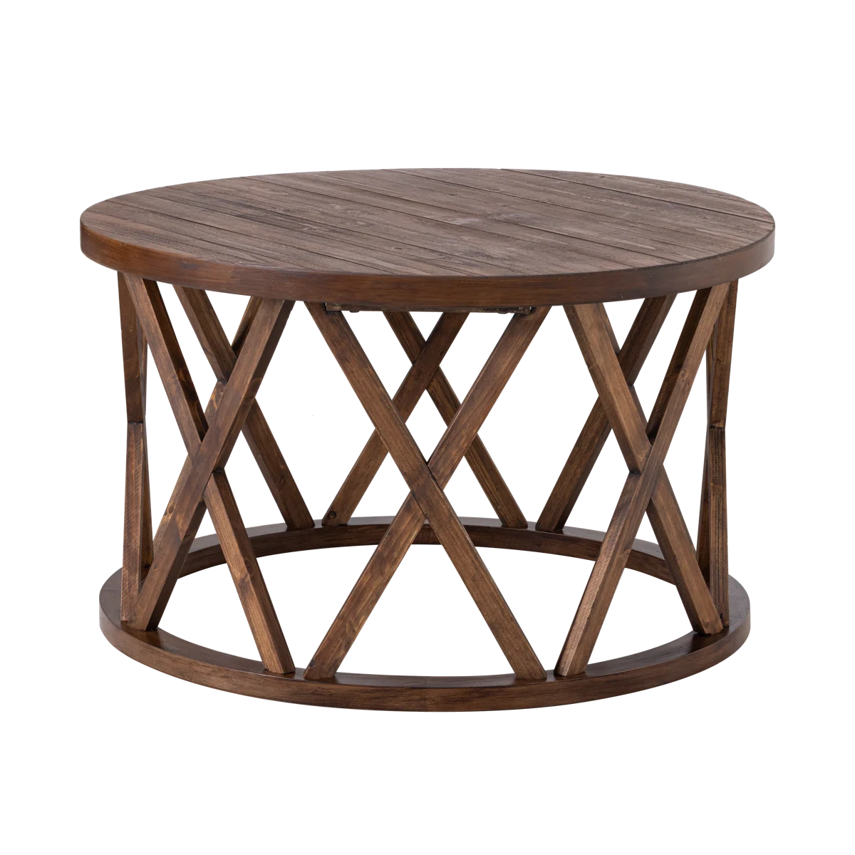 Viradis Farmhouse Coffee Table, Rustic Round Coffee Table with X-Motifs Legs, Wood Textured Top Ouch Cart
