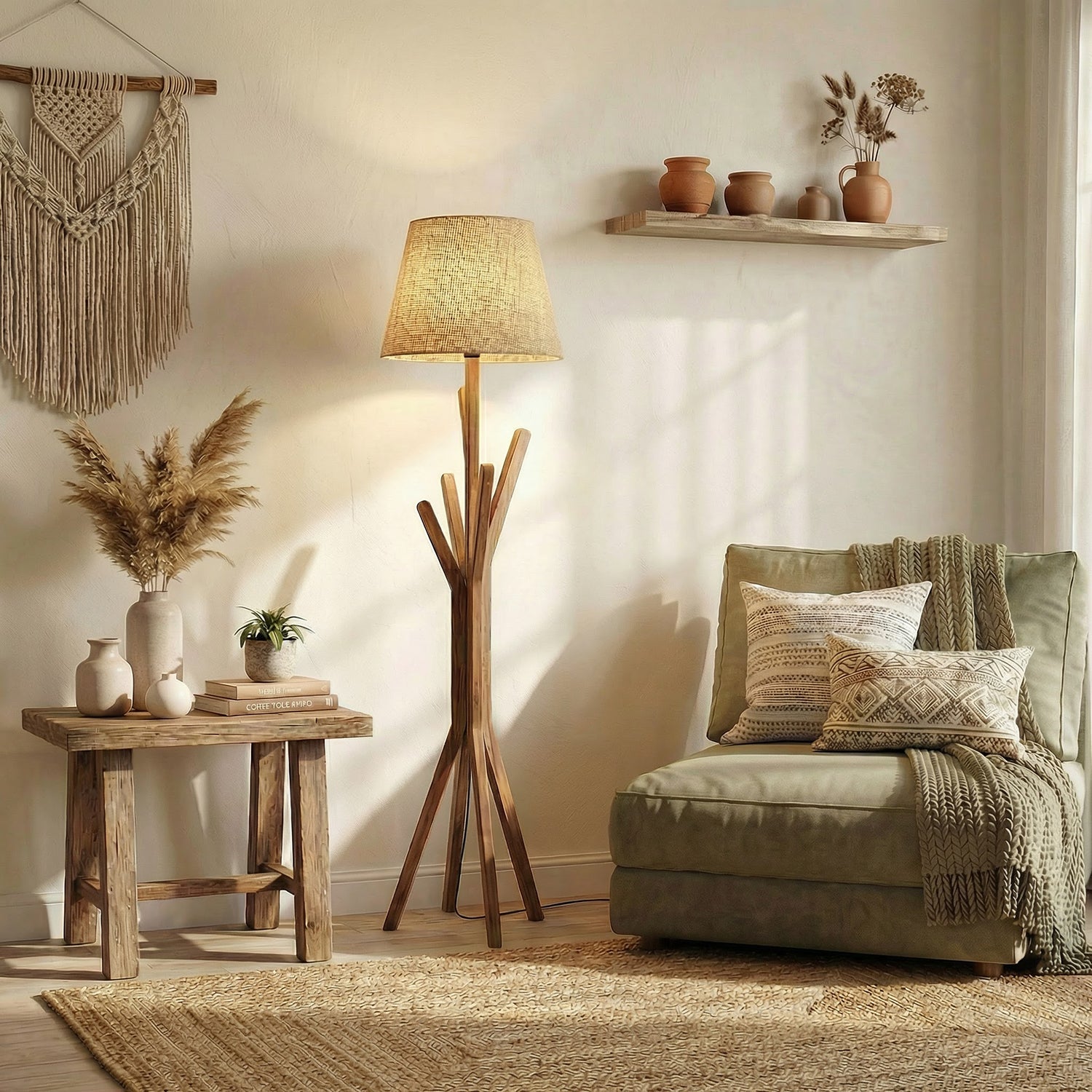 Vrikshya Wooden Floor Lamp with Brown Base and Premium Beige Fabric Lampshade (BULB NOT INCLUDED)