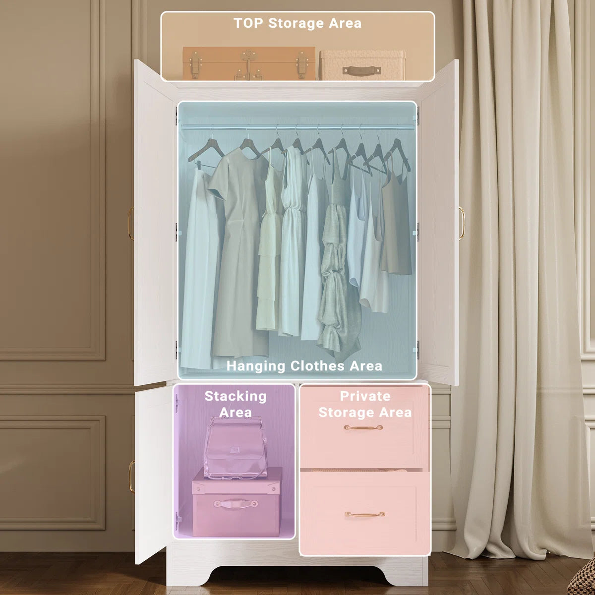 Spacious White Wardrobe Closet Wooden Armoire with Hanging Rod and Storage