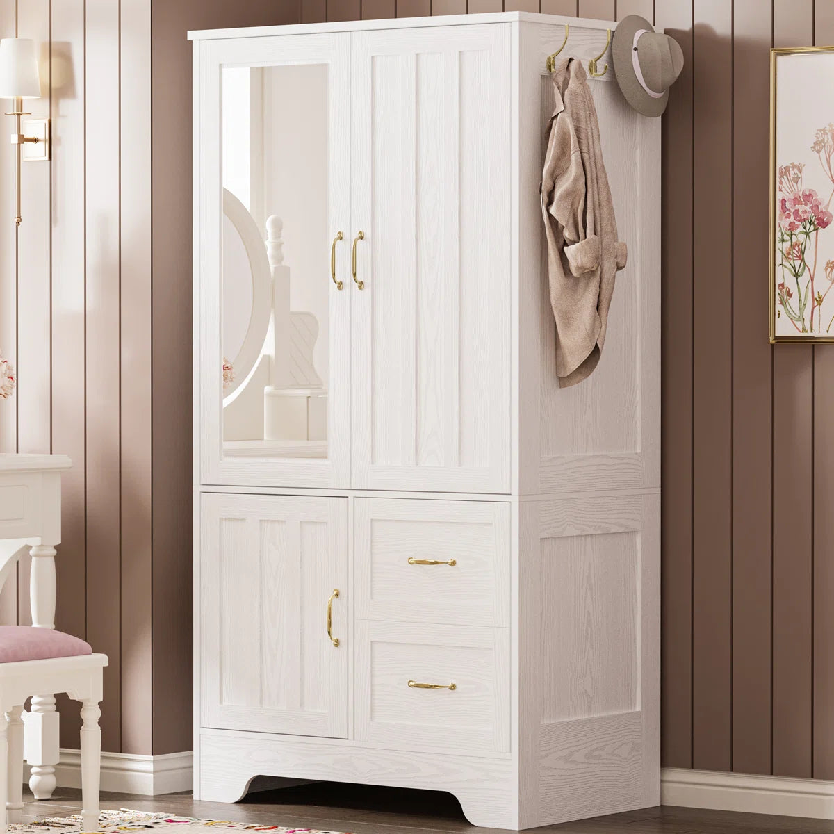 Spacious White Wardrobe Closet Wooden Armoire with Hanging Rod and Storage-OUCH CART | Wardrobe
