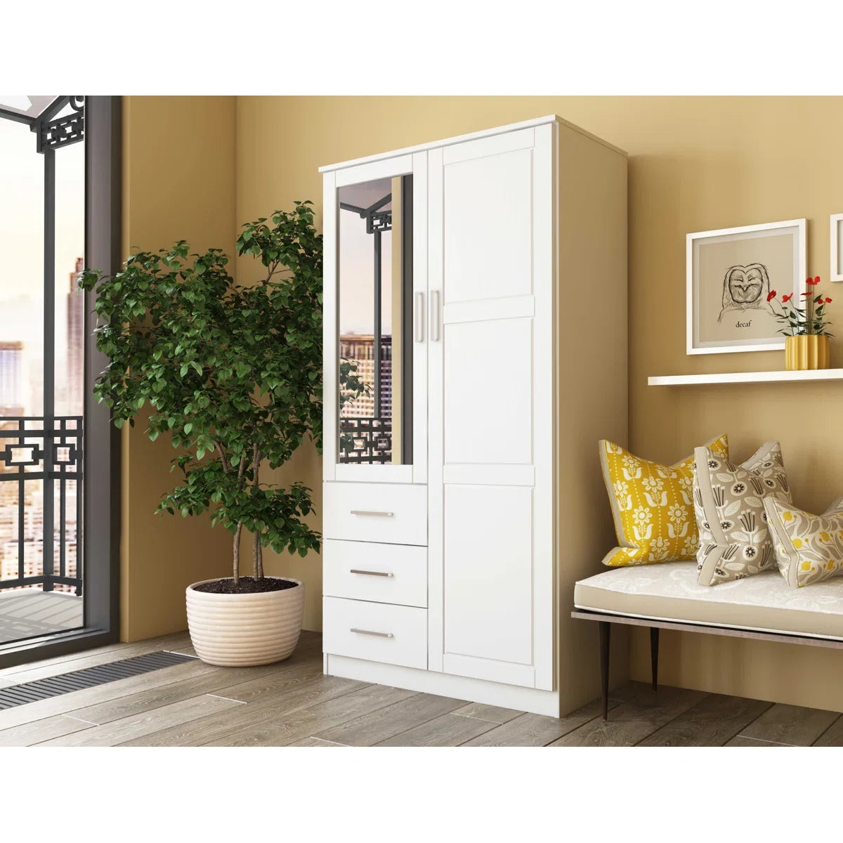 Elegant Metro 2-Door Wardrobe Armoire Solid Wood Mirrored Bedroom Storage-OUCH CART | Wardrobe
