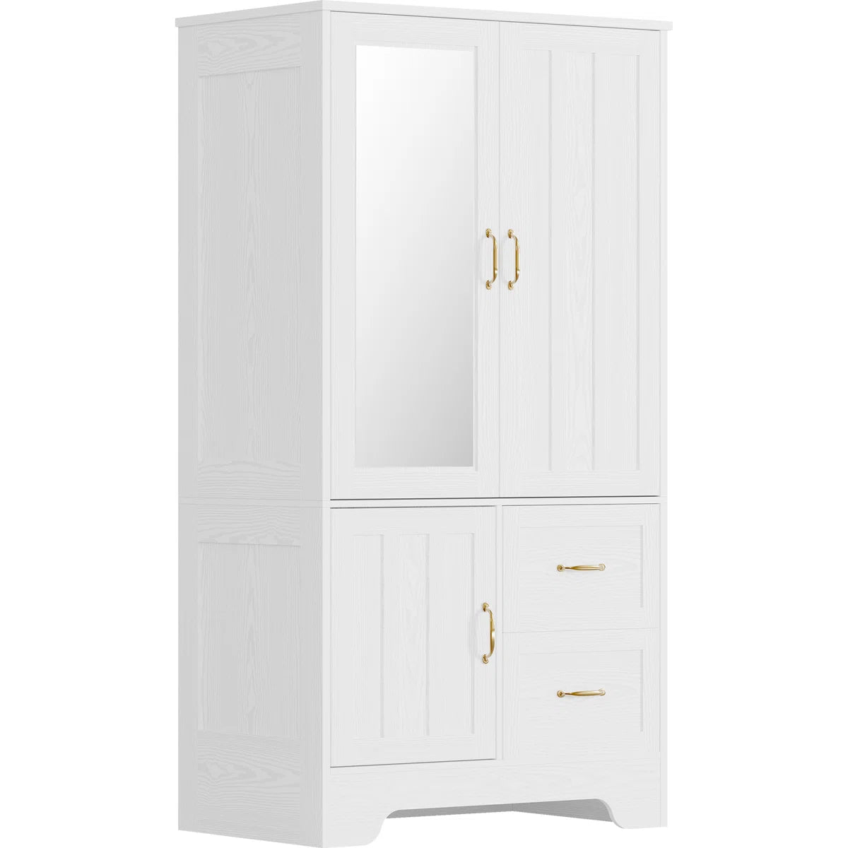 Spacious White Wardrobe Closet Wooden Armoire with Hanging Rod and Storage