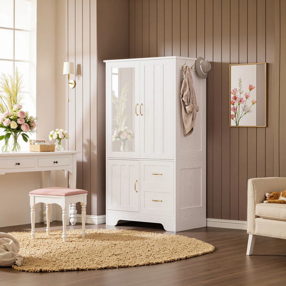 Spacious White Wardrobe Closet Wooden Armoire with Hanging Rod and Storage