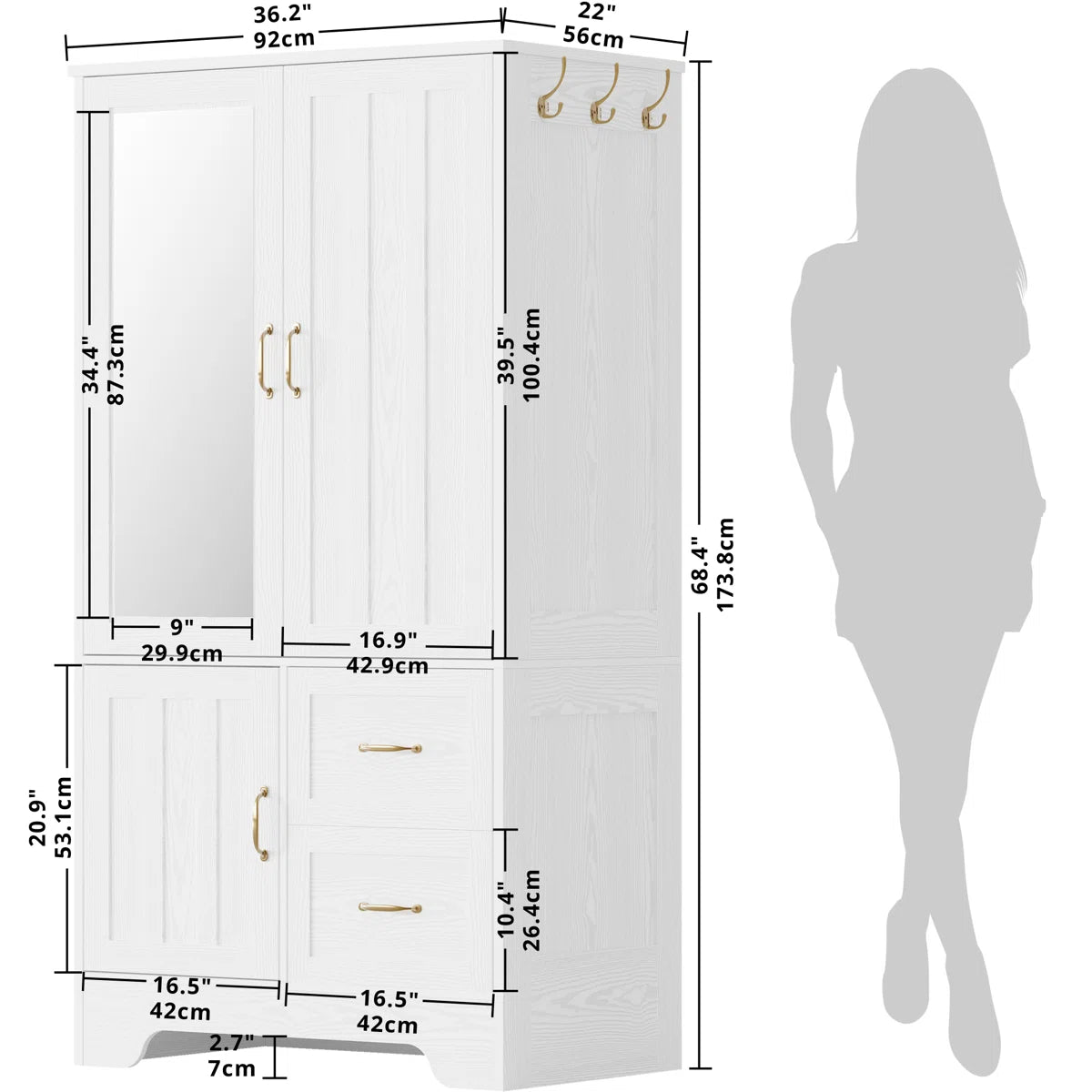 Spacious White Wardrobe Closet Wooden Armoire with Hanging Rod and Storage