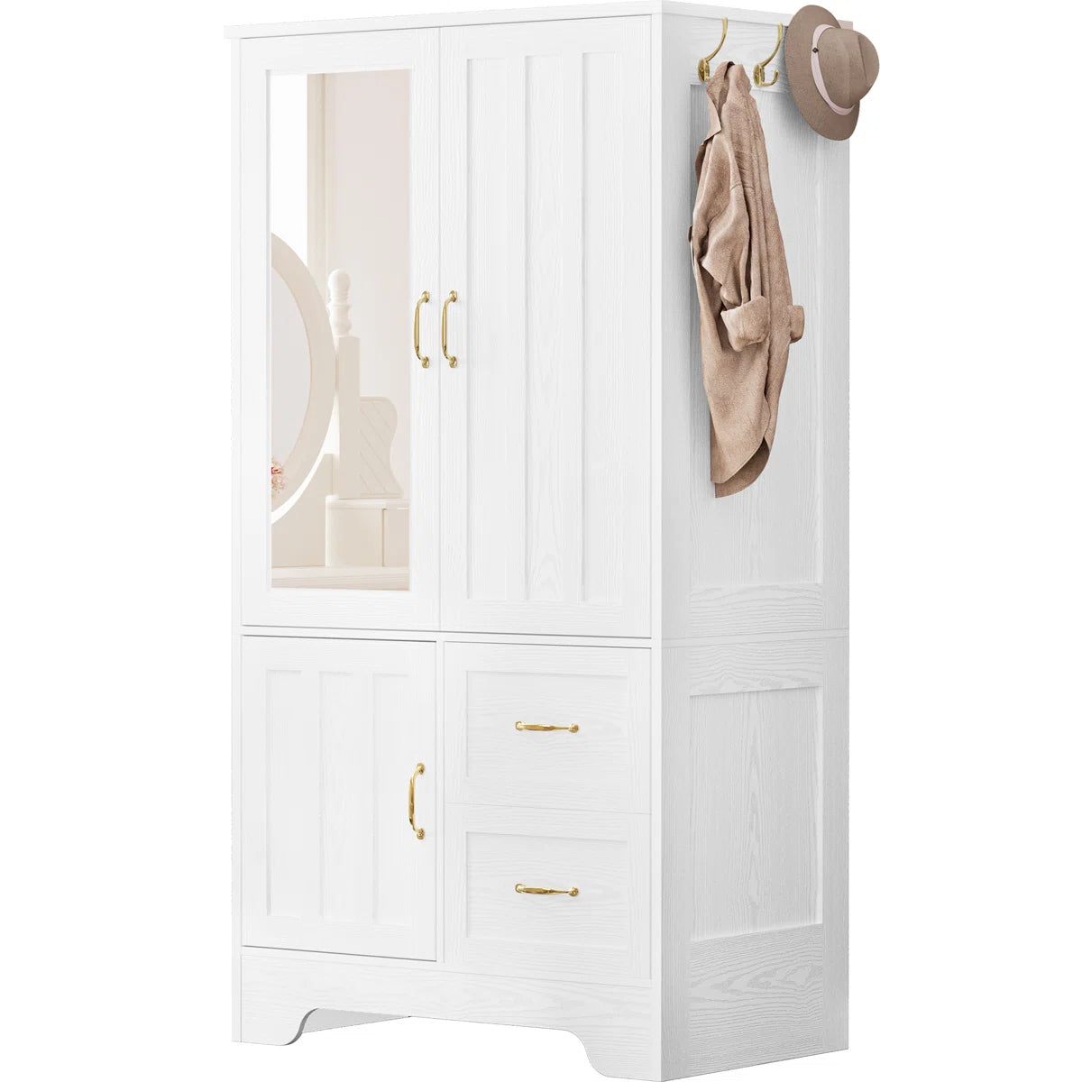 Spacious White Wardrobe Closet Wooden Armoire with Hanging Rod and Storage