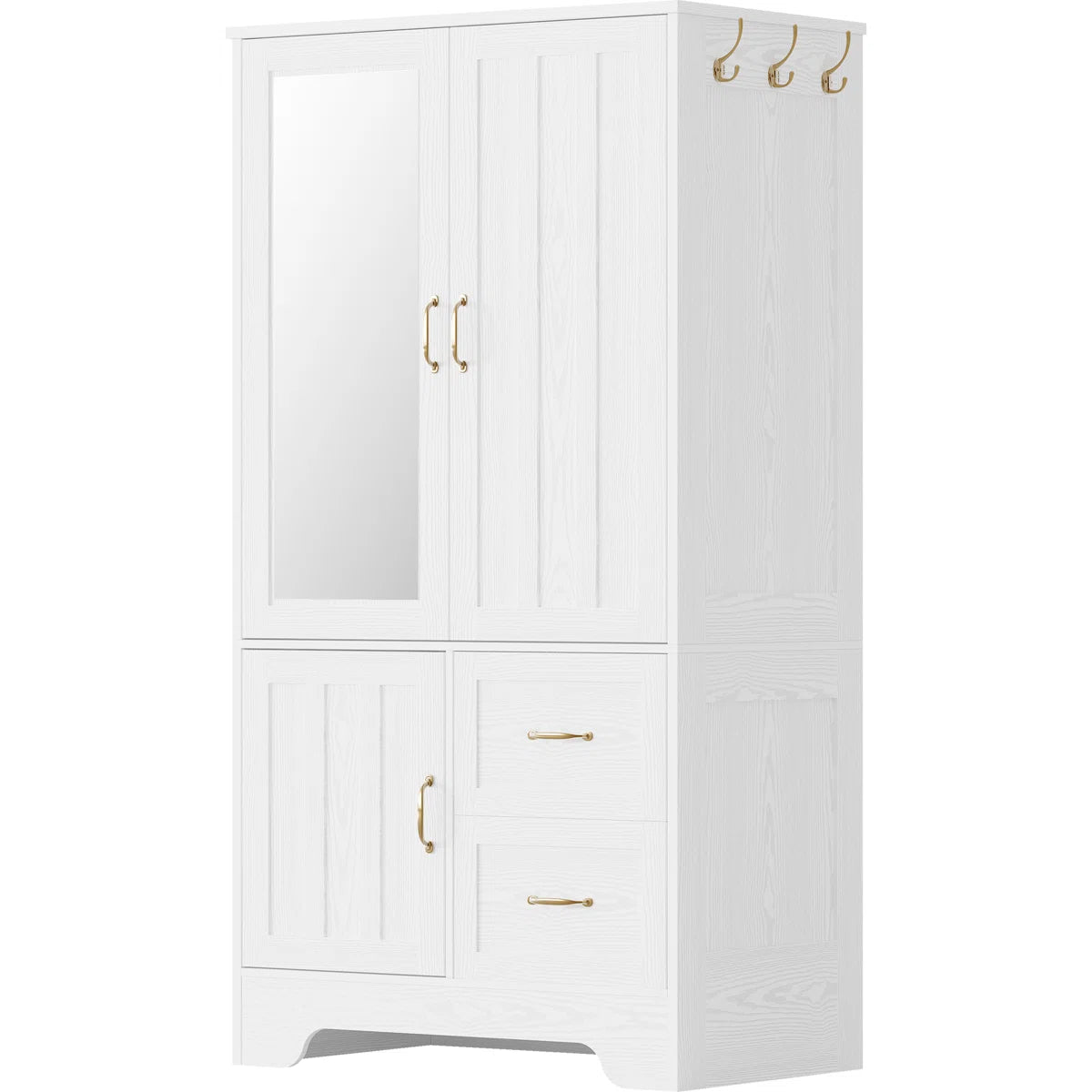 Spacious White Wardrobe Closet Wooden Armoire with Hanging Rod and Storage-OUCH CART | Wardrobe
