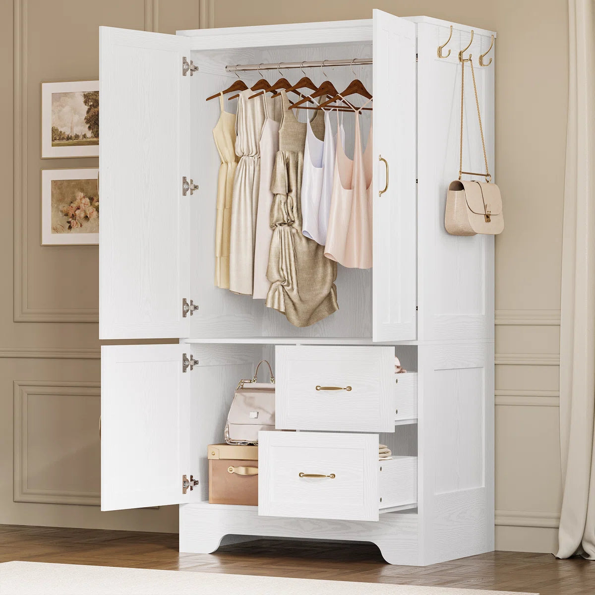 Spacious White Wardrobe Closet Wooden Armoire with Hanging Rod and Storage