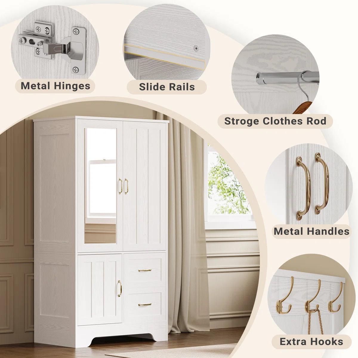 Spacious White Wardrobe Closet Wooden Armoire with Hanging Rod and Storage