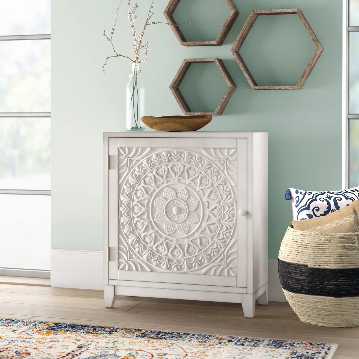 Dix Solid Wood Carved Detail Accent Cabinet