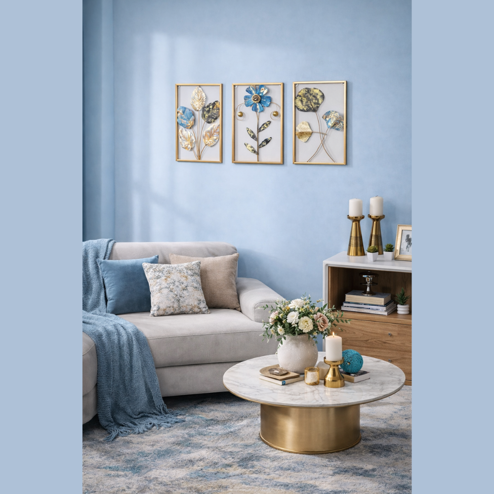 Metal Wall Art Set – 3D Flower & Leaf Design, Gold and Blue Finish, Framed Home Wall Decor