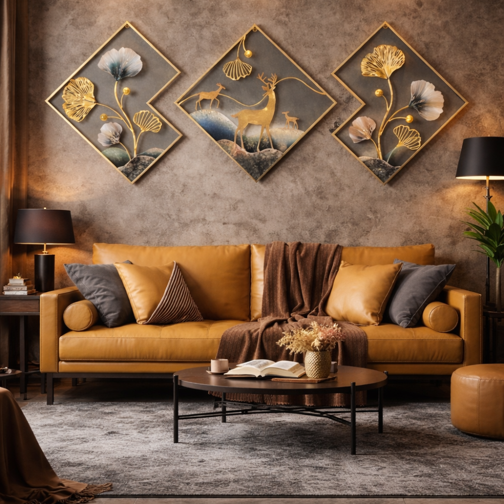 Metal Wall Art Set of 3 Golden Ginkgo Leaves With Deer Wall Hanging Metal Wall Decor with Frame Wall Decor For Living Room Wall Sculpture for Bedroom Office