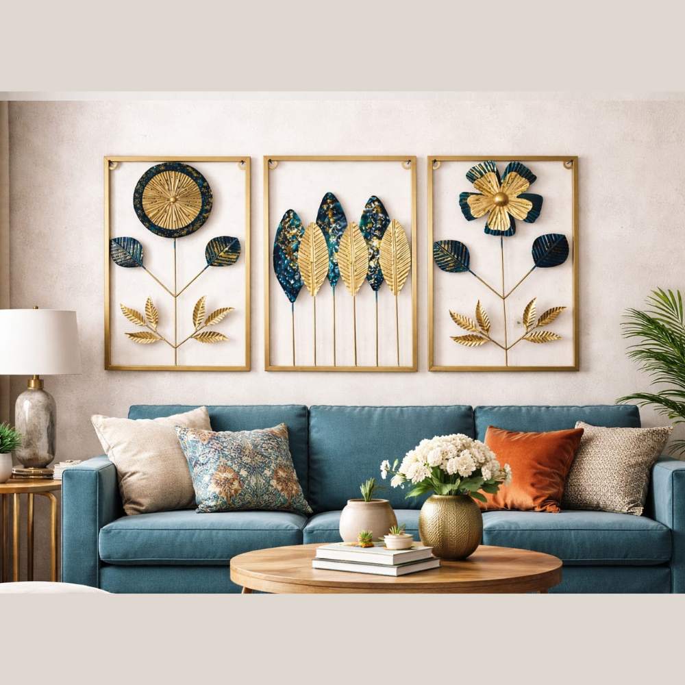 Metal Wall art for Living Room Multicolor Gold and Blue Flower Wall Art Set of 3 Panels Modern Metal Wall Hanging Decoration Item for Bedroom Hall Office Home Interior (Large Size) National Handicraft Town