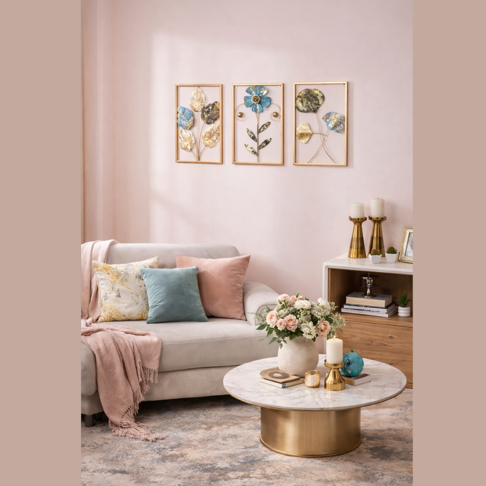 Metal Wall Art Set – 3D Flower & Leaf Design, Gold and Blue Finish, Framed Home Wall Decor