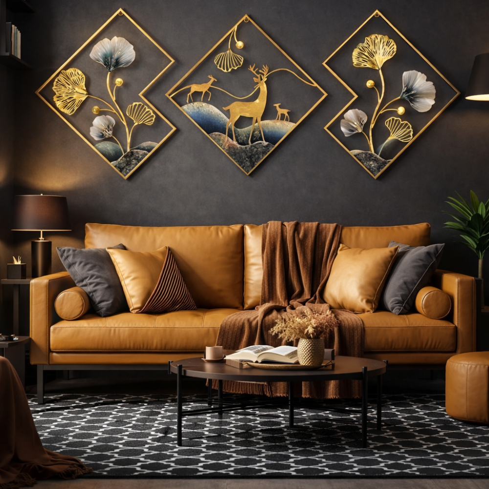 Metal Wall Art Set of 3 Golden Ginkgo Leaves With Deer Wall Hanging Metal Wall Decor with Frame Wall Decor For Living Room Wall Sculpture for Bedroom Office National Handicraft Town