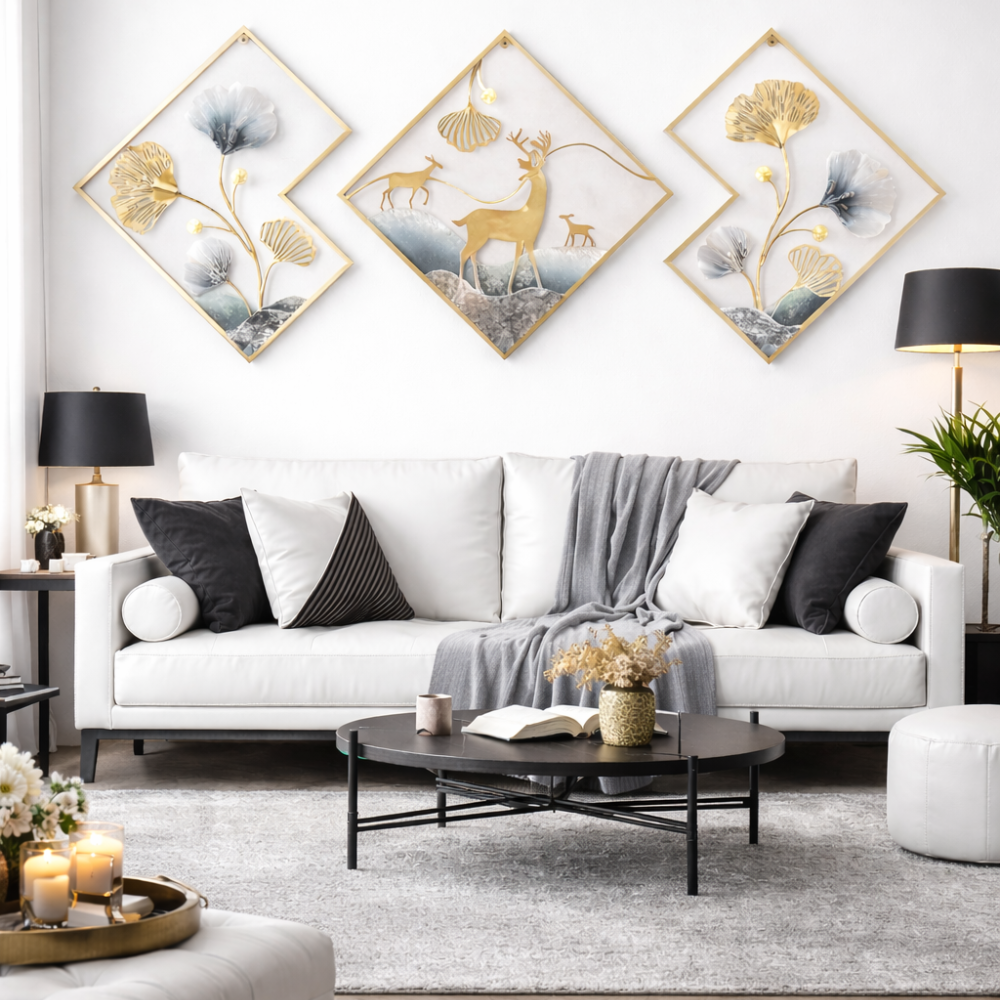 Metal Wall Art Set of 3 Golden Ginkgo Leaves With Deer Wall Hanging Metal Wall Decor with Frame Wall Decor For Living Room Wall Sculpture for Bedroom Office National Handicraft Town