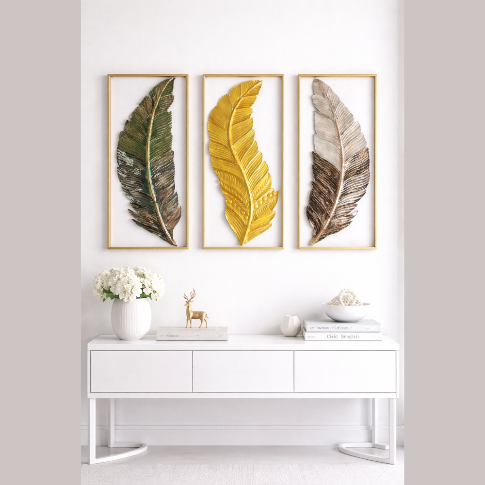 (Pack Of 3) Luxury Metal Leaf Wall Art | Decorative Wall Hanging for Living Room Bedroom Hotel Restaurant Drawing Room National Handicraft Town