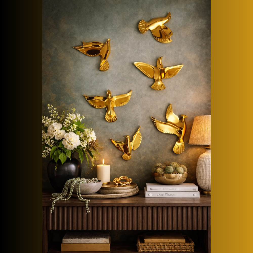 Premium 3D Flying Birds Wall Hanging Set of 6 | Golden Brass Decorative Birds for Staircase, Living Room, Hallway & Home Interior Wall Décor