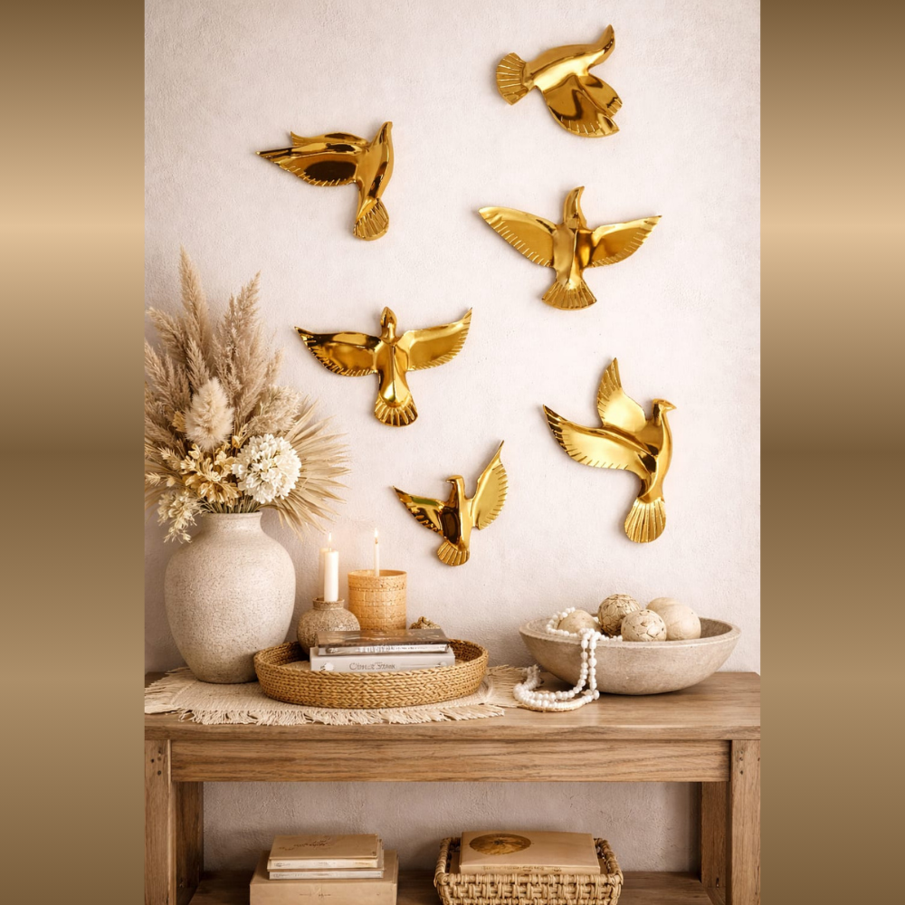 Premium 3D Flying Birds Wall Hanging Set of 6 | Golden Brass Decorative Birds for Staircase, Living Room, Hallway & Home Interior Wall Décor