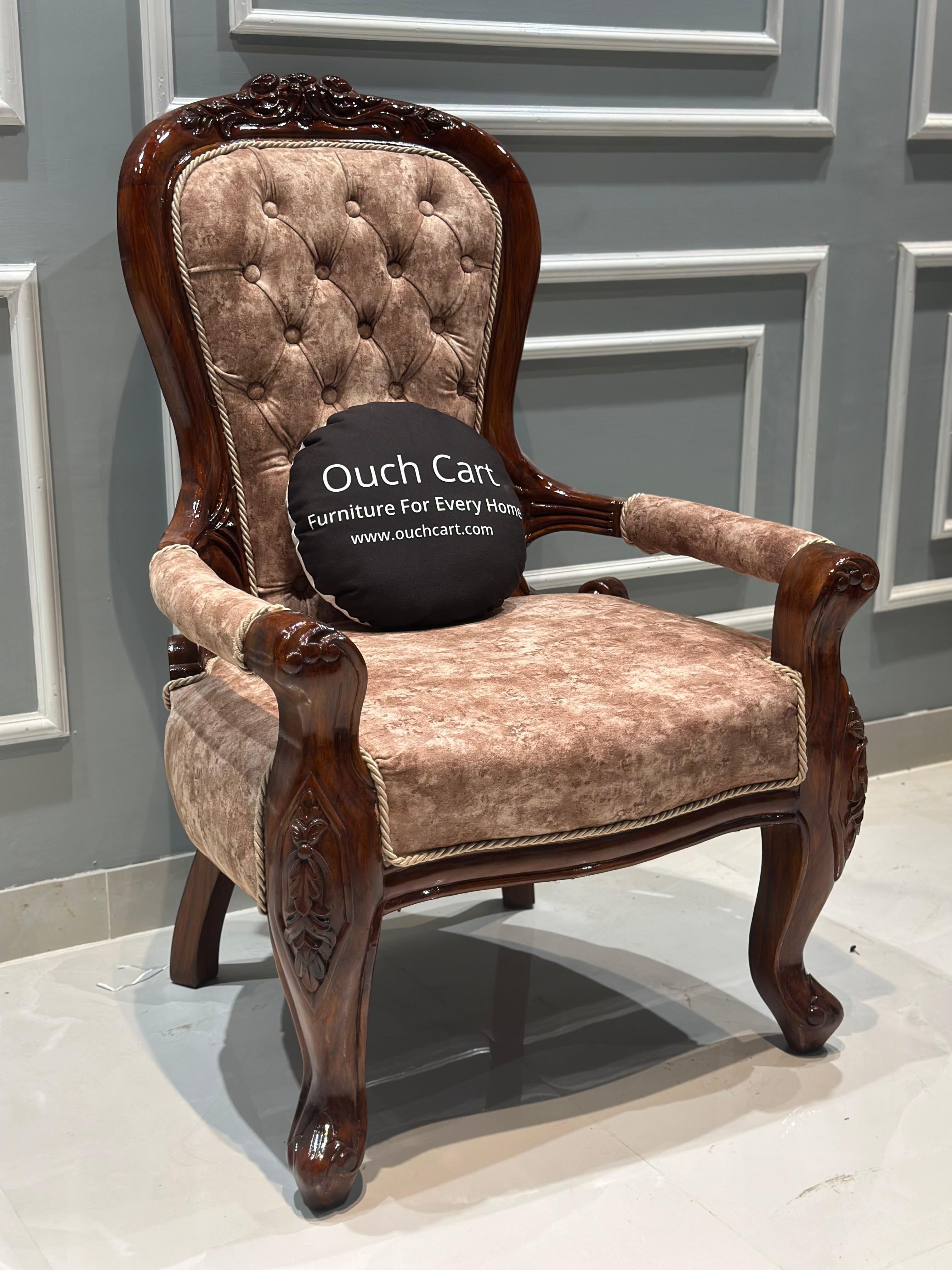 Teak Wood Handcrafted Royal Comfort Chair- WIng chair- Arm Chair - Ouch Cart