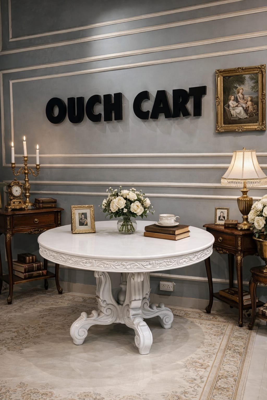 Luxury White Round Marble Finish Dining Table with Royal Carved Pedestal Base