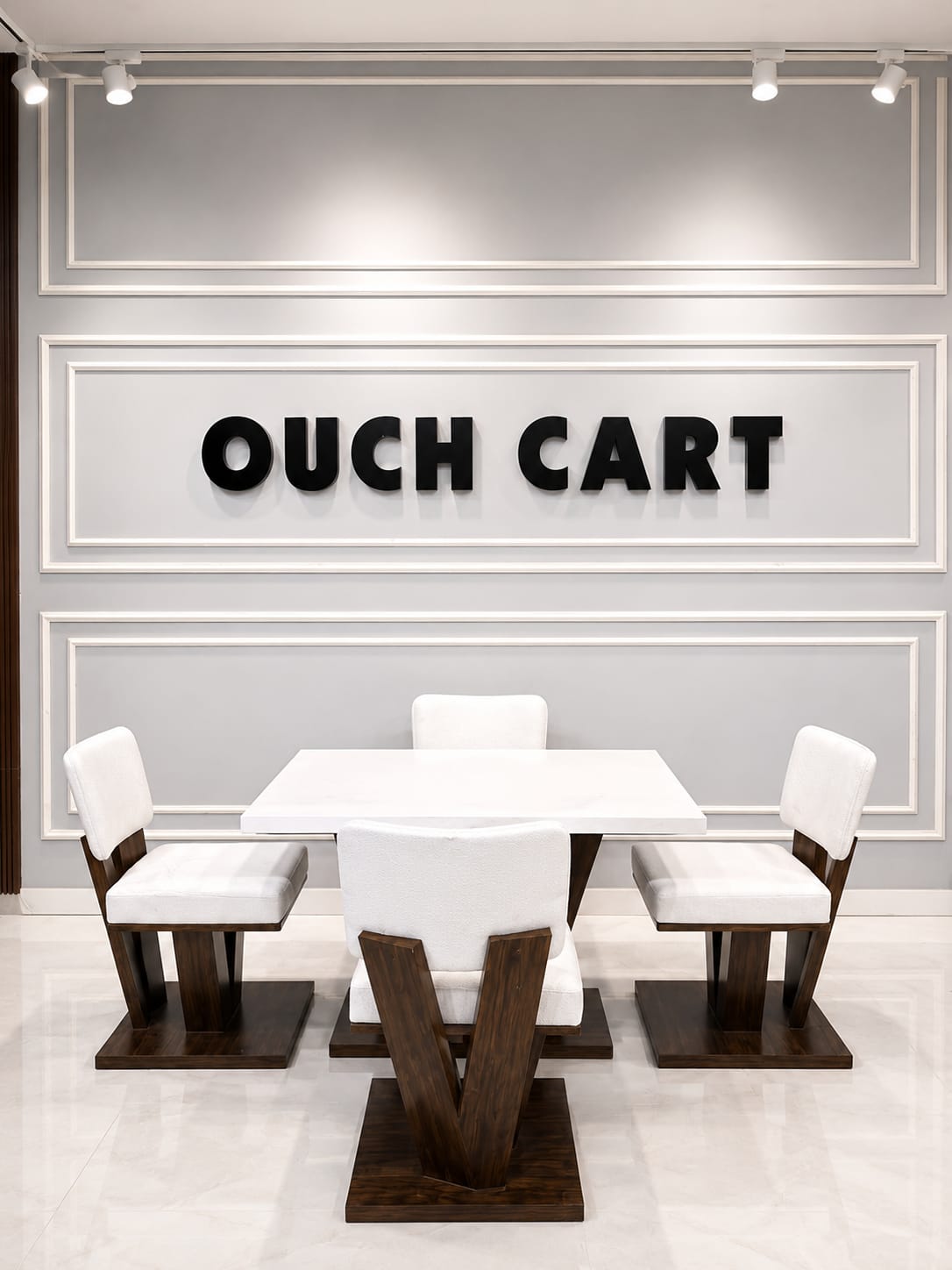 Ouch Cart Modern 4 Seater Dining Table Set | White Table with Cushioned Chairs & Wooden Base OUCH CART