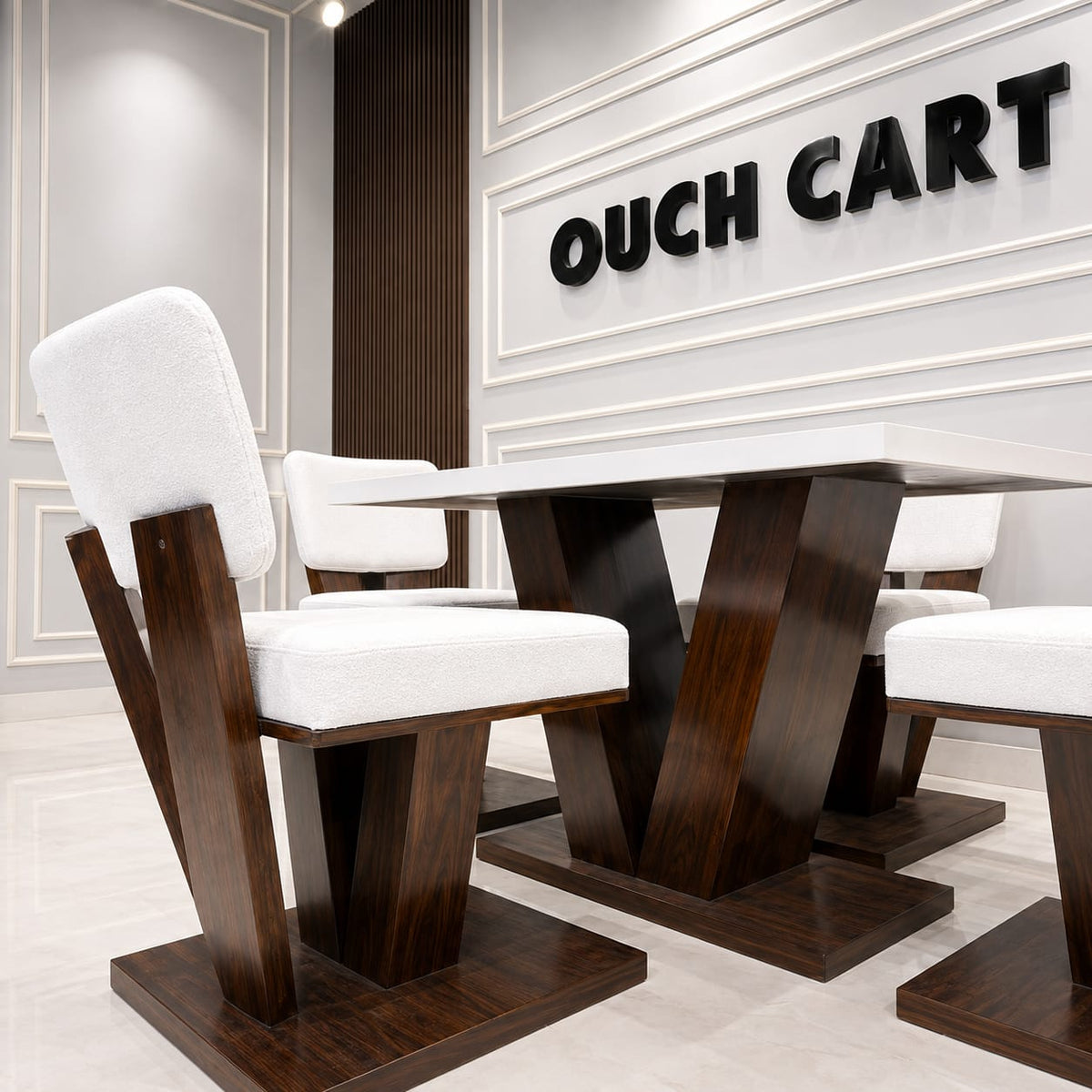 Ouch Cart Modern 4 Seater Dining Table Set | White Table with Cushioned Chairs & Wooden Base OUCH CART