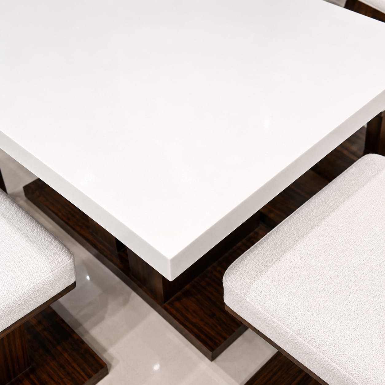 Ouch Cart Modern 4 Seater Dining Table Set | White Table with Cushioned Chairs & Wooden Base