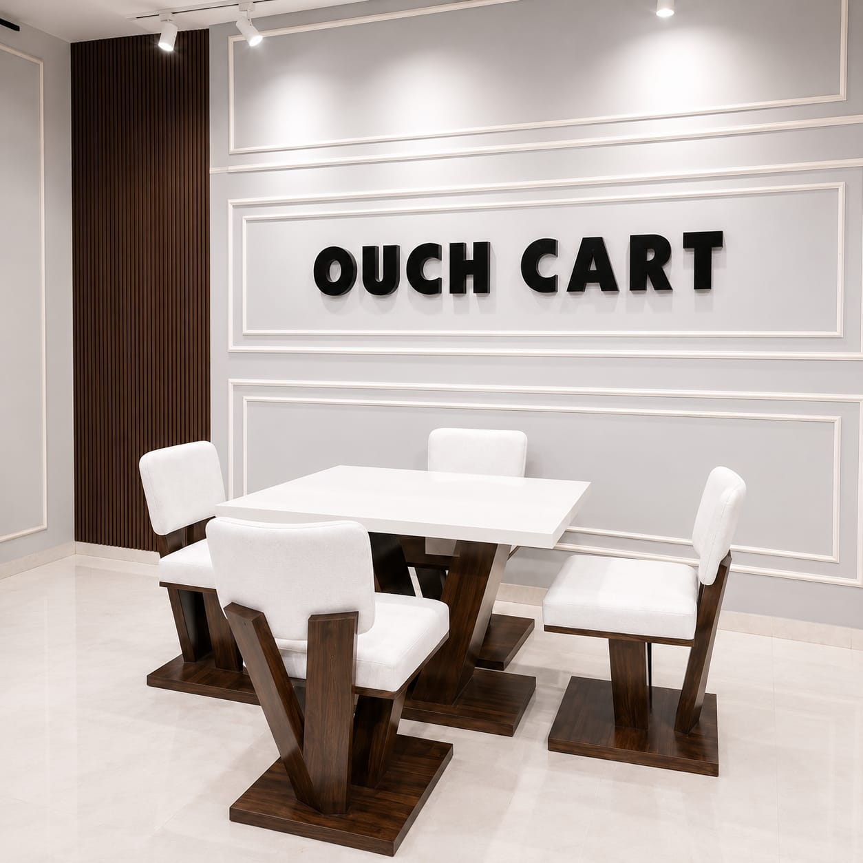 Ouch Cart Modern 4 Seater Dining Table Set | White Table with Cushioned Chairs & Wooden Base