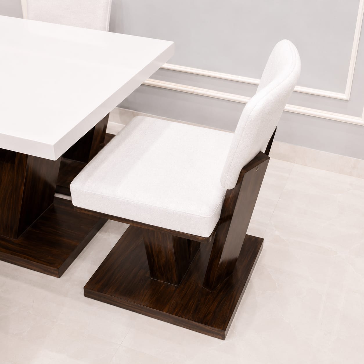Ouch Cart Modern 4 Seater Dining Table Set | White Table with Cushioned Chairs & Wooden Base