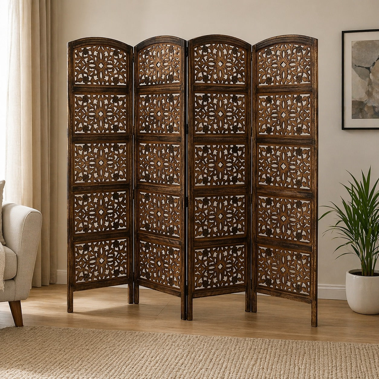 4 panel Wooden Partition Wooden Handcrafted Partition Room Divider Separator for Living Room Office Partition Screen Room Divider Wood Partitions for Home Kitchen & Office