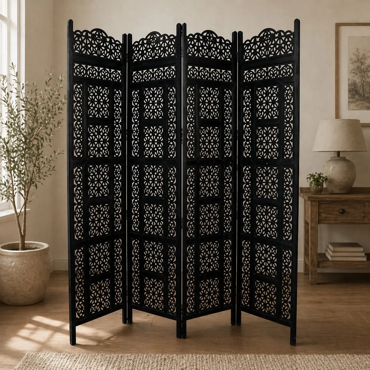 Wooden Handicrafts Room Divider Partition Screen for Living Room - Wooden Screen Wooden Separator Consists of 4 Panels to be Placed in Zig-Zag Ouch Cart