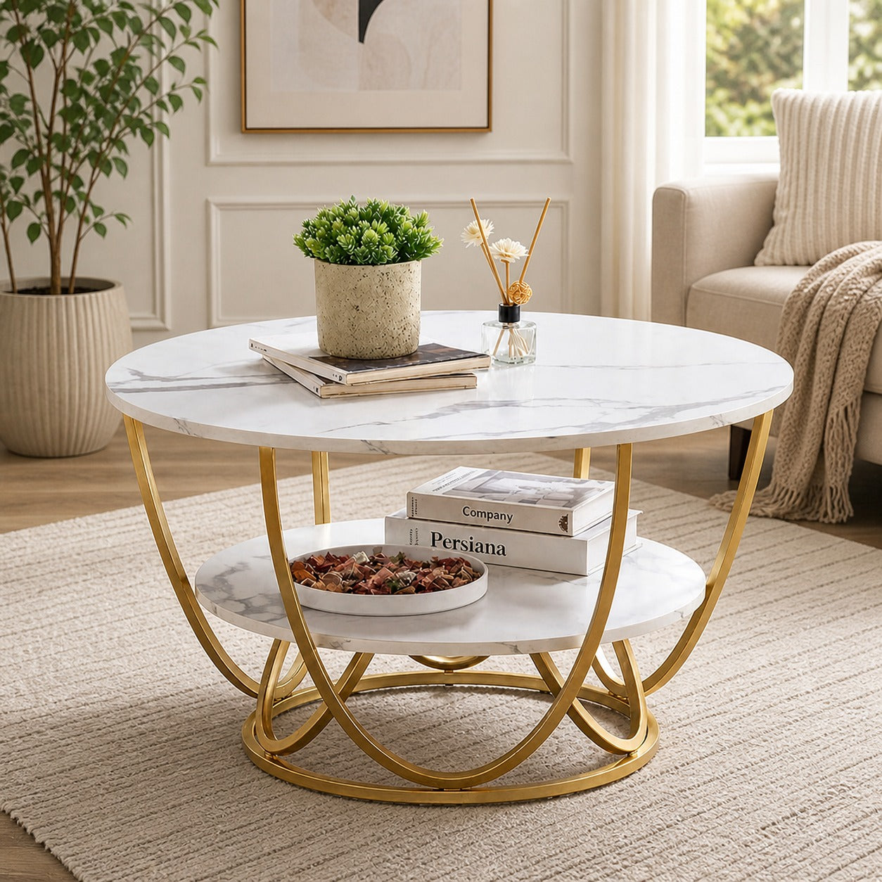 Round Gold Coffee Table,2 Tier Coffee Tables for Living Room OUCH CART