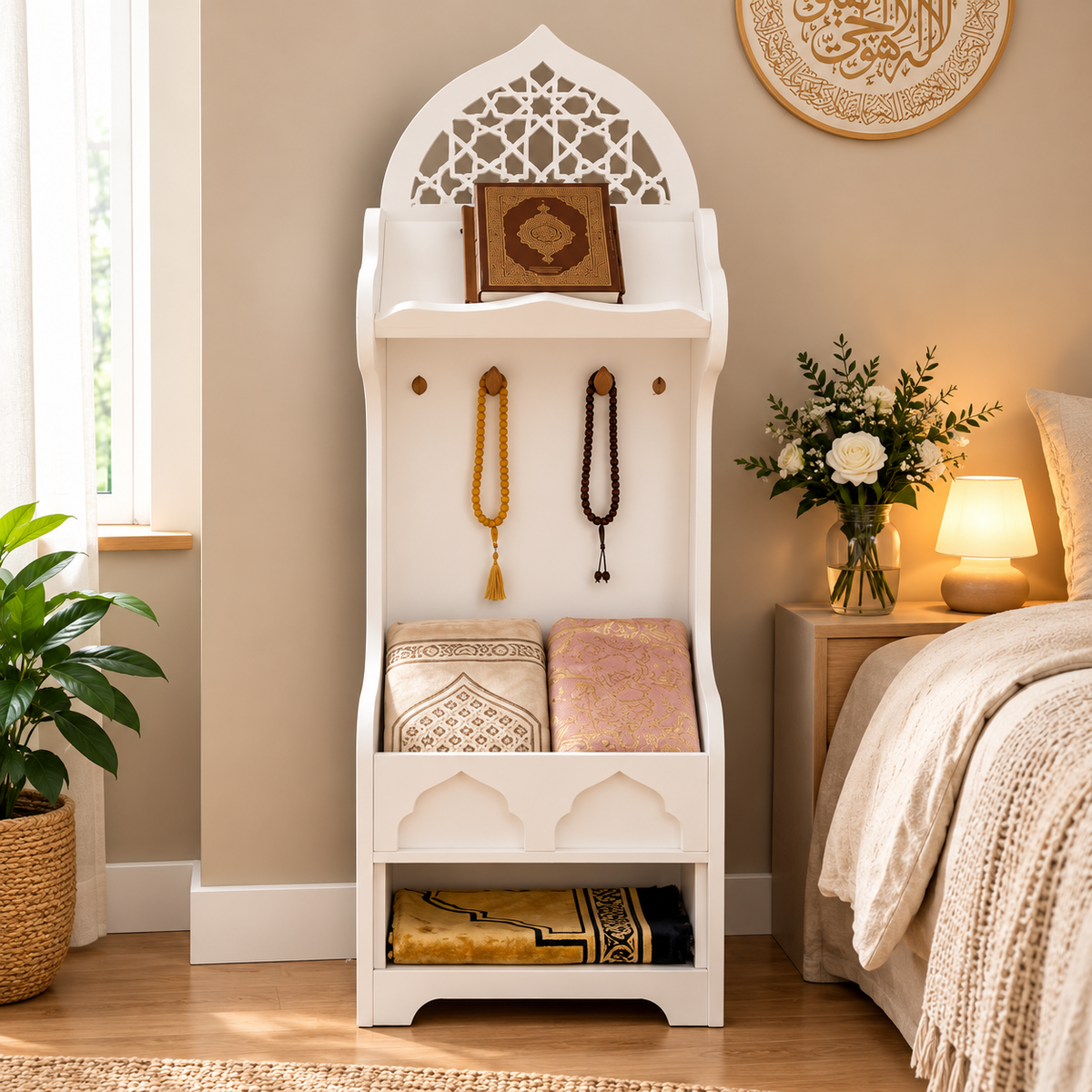 White Wooden Quran Stand & Prayer Storage Cabinet