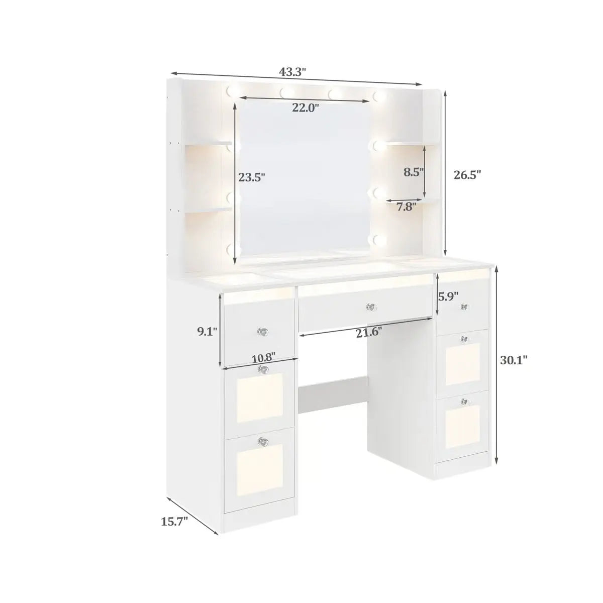 White Makeup Vanity Table with Lighted Mirror – Glass Top, 7 Drawers, 4 Shelves & 3-Color LED Lights
