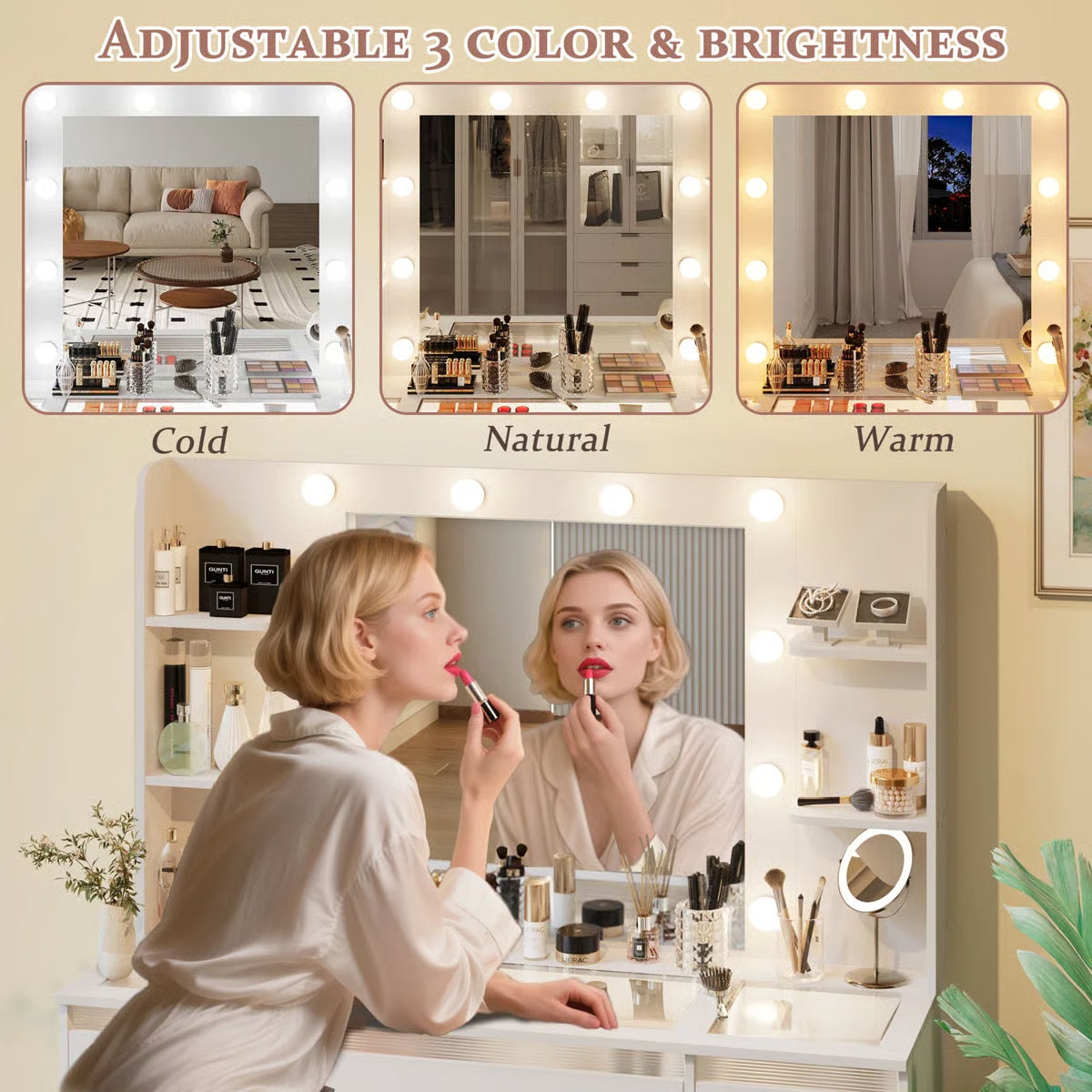 White Makeup Vanity Table with Lighted Mirror – Glass Top, 7 Drawers, 4 Shelves & 3-Color LED Lights