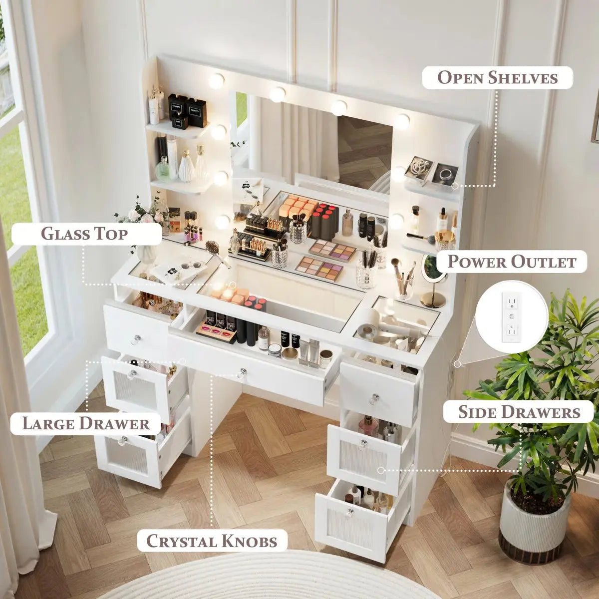 White Makeup Vanity Table with Lighted Mirror – Glass Top, 7 Drawers, 4 Shelves & 3-Color LED Lights