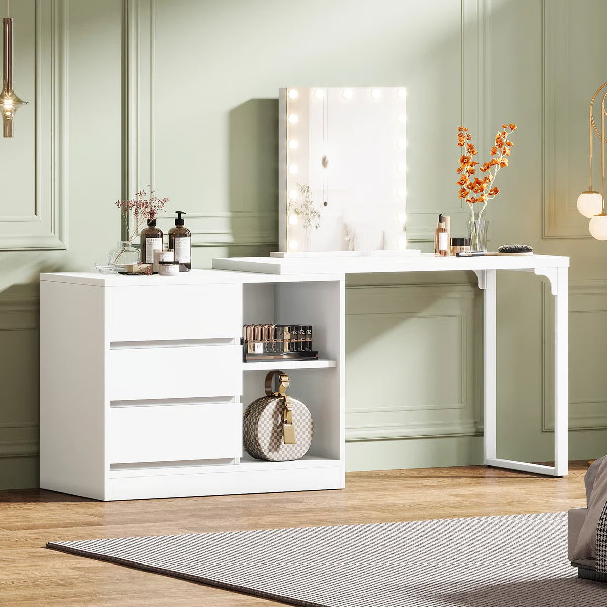 White Bedroom Vanity Table – Makeup Desk with 3 Drawers & Open Shelves