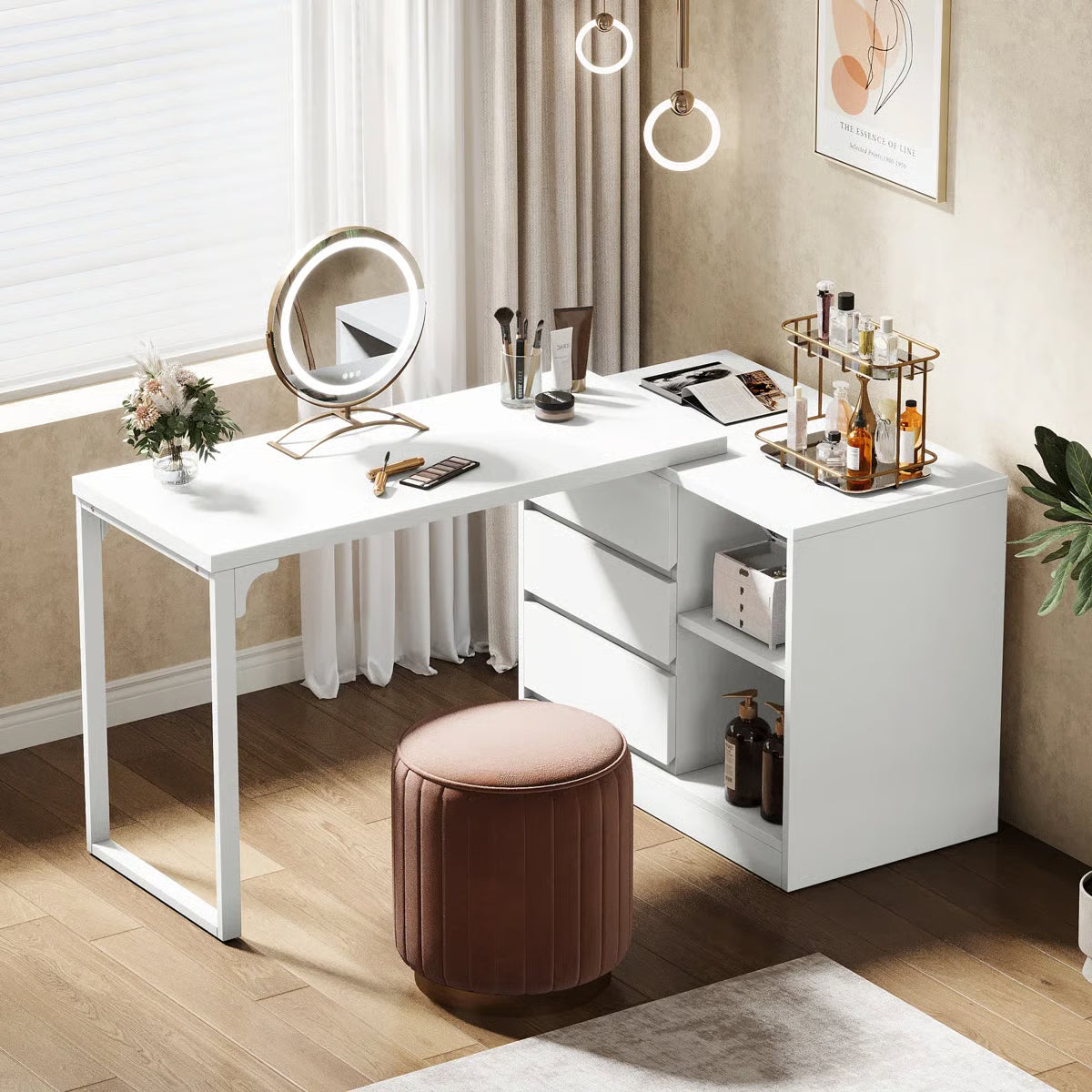 White Bedroom Vanity Table – Makeup Desk with 3 Drawers & Open Shelves