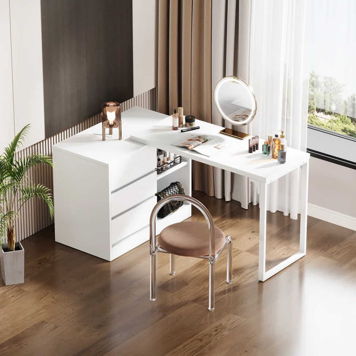 White Bedroom Vanity Table – Makeup Desk with 3 Drawers & Open Shelves