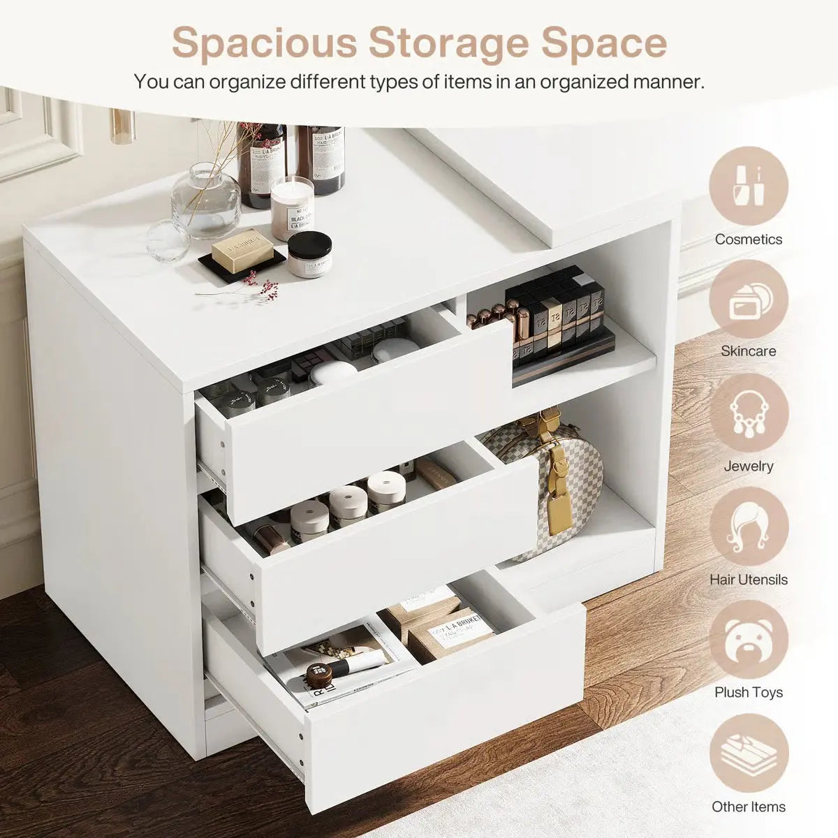 White Bedroom Vanity Table – Makeup Desk with 3 Drawers & Open Shelves