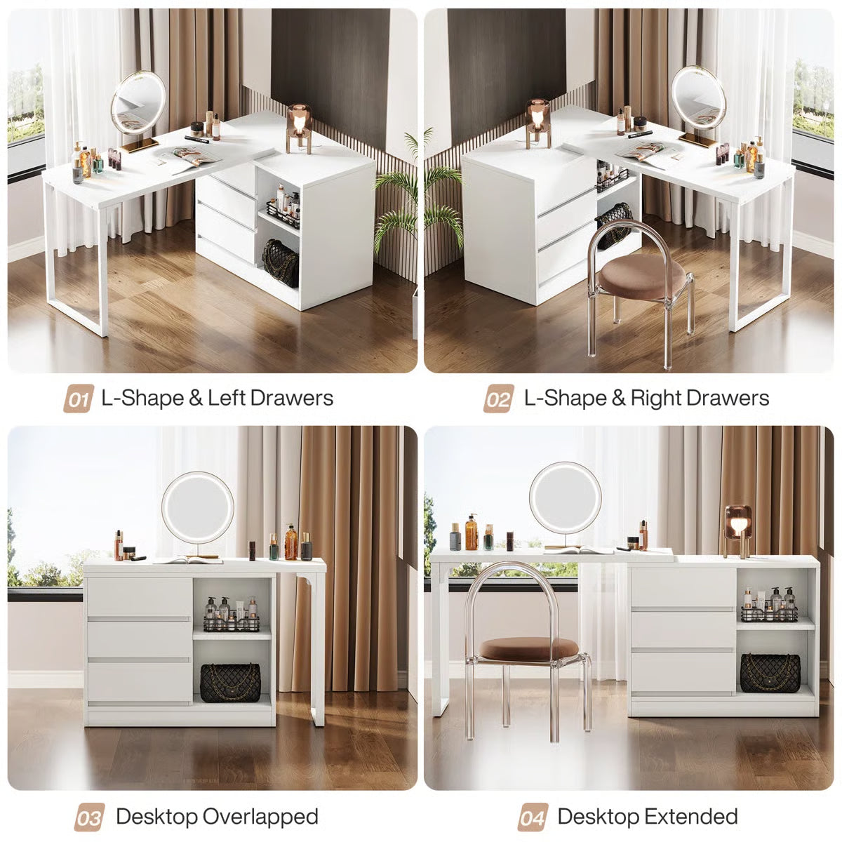 White Bedroom Vanity Table – Makeup Desk with 3 Drawers & Open Shelves-OUCH CART |Dressing table