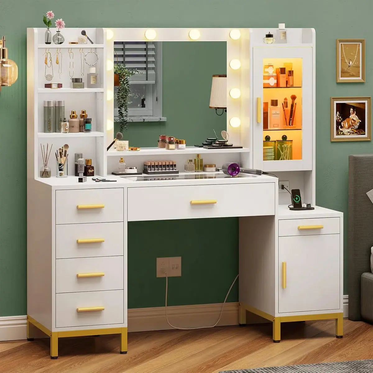 Elegant White Vanity Desk with Mirror and Power Outlet – Makeup Station- OUCH CART | Dressing table