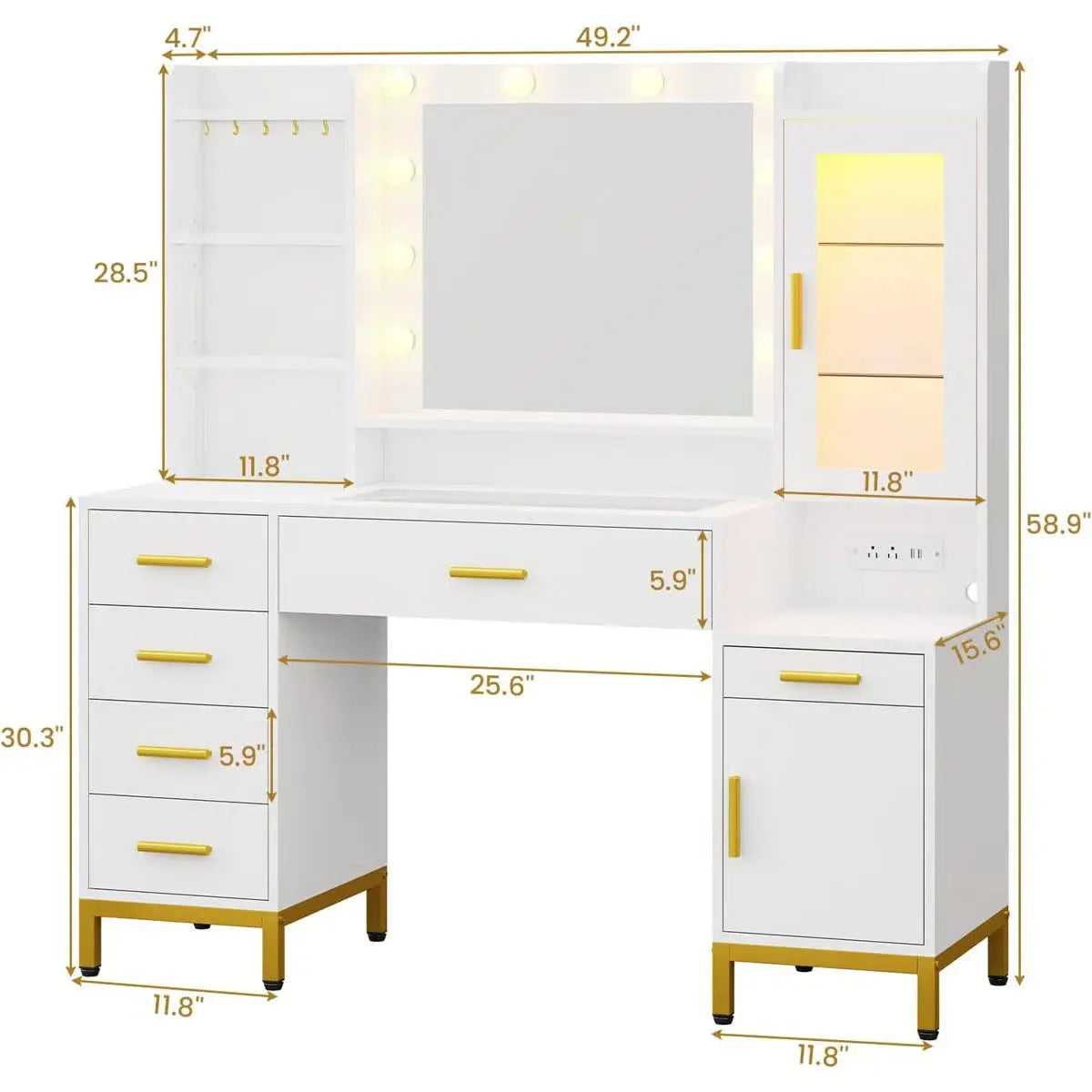 Elegant White Vanity Desk with Mirror and Power Outlet – Makeup Station
