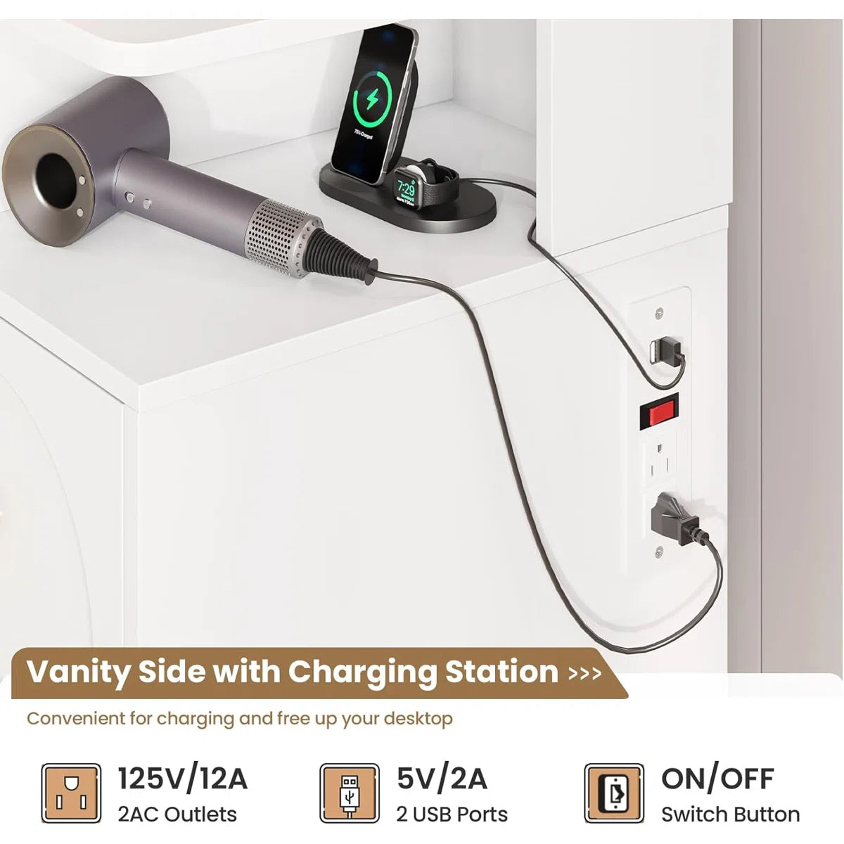 White Makeup Vanity Desk with LED Mirror, 7 Storage Drawers, RGB Glass Cabinet, Adjustable Lights, and Charging Station