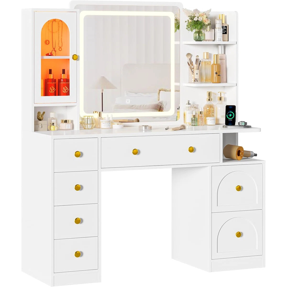 White Makeup Vanity Desk with LED Mirror, 7 Storage Drawers, RGB Glass Cabinet, Adjustable Lights, and Charging Station-OUCH CART |Dressing table