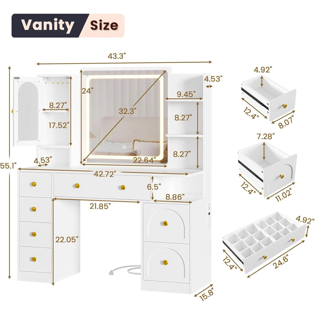 White Makeup Vanity Desk with LED Mirror, 7 Storage Drawers, RGB Glass Cabinet, Adjustable Lights, and Charging Station OUCH CART