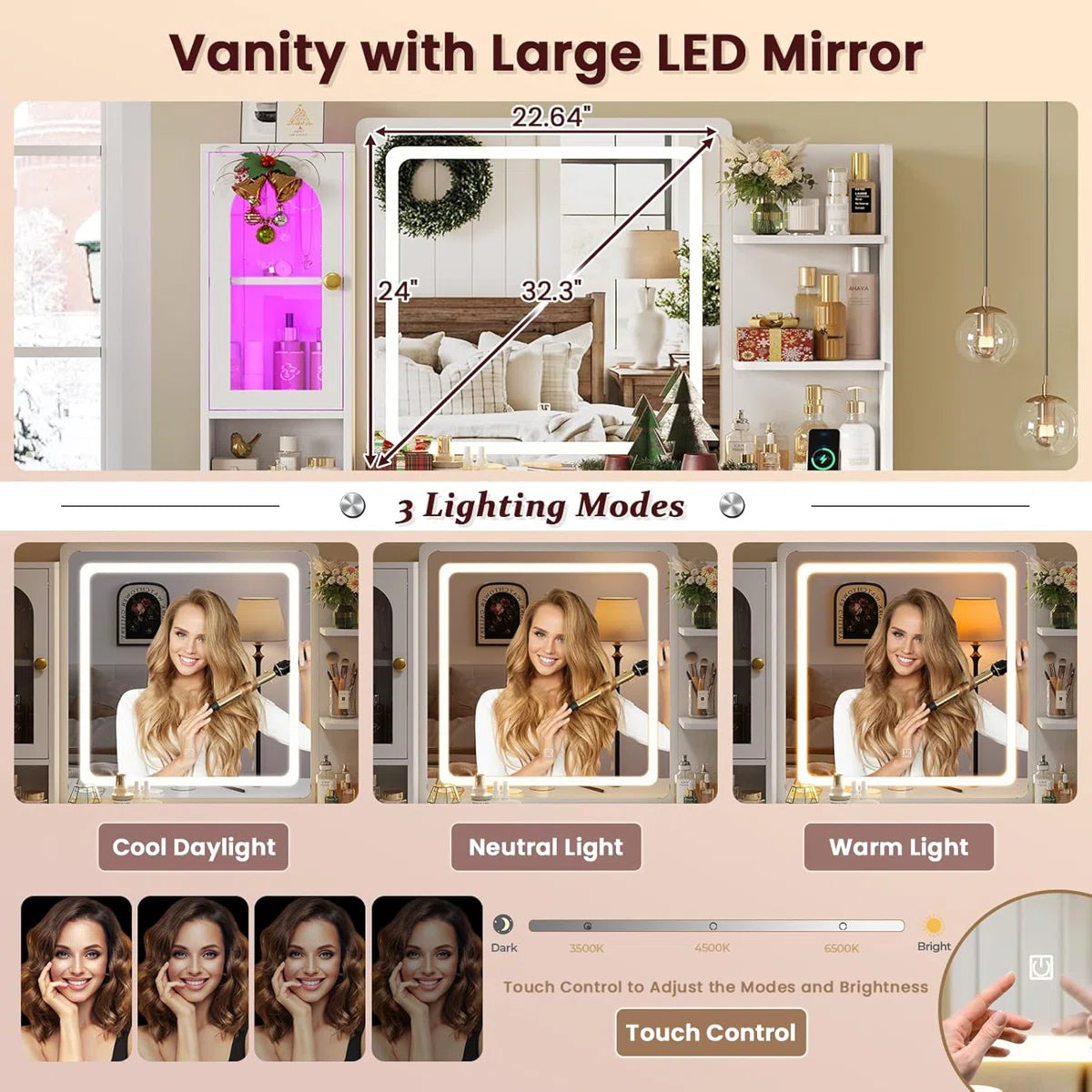 White Makeup Vanity Desk with LED Mirror, 7 Storage Drawers, RGB Glass Cabinet, Adjustable Lights, and Charging Station OUCH CART