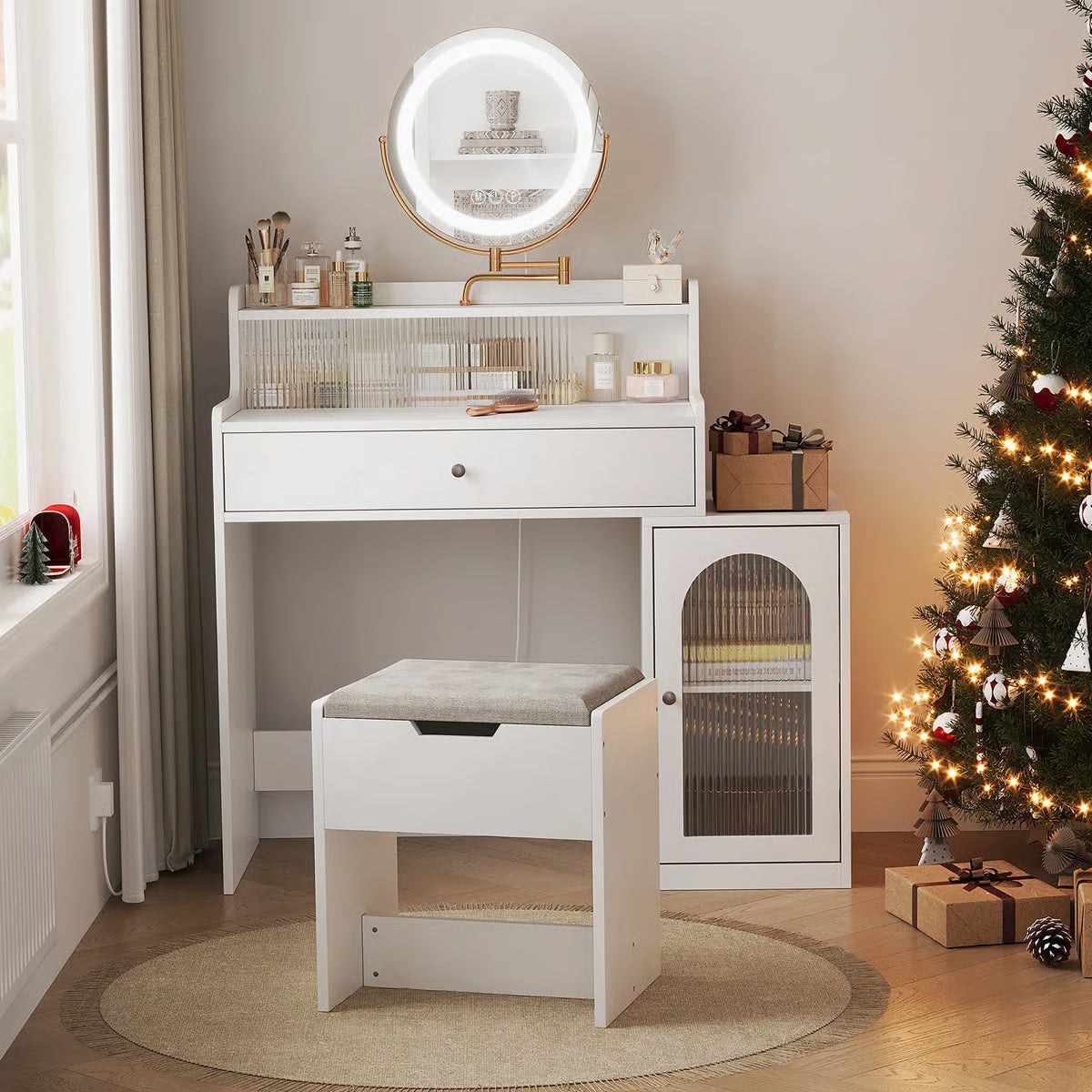 360° Mirror White Vanity Desk – Adjustable Lights, Makeup Table with Storage Chair for Girls-OUCH CART |Dressing table