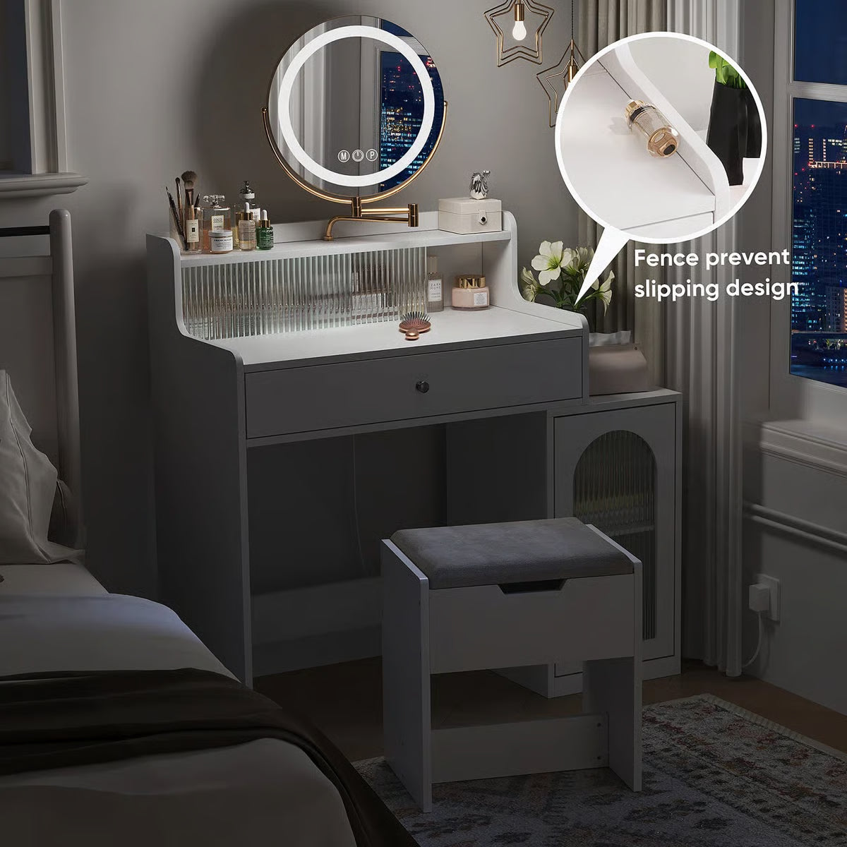 360° Mirror White Vanity Desk – Adjustable Lights, Makeup Table with Storage Chair for Girls