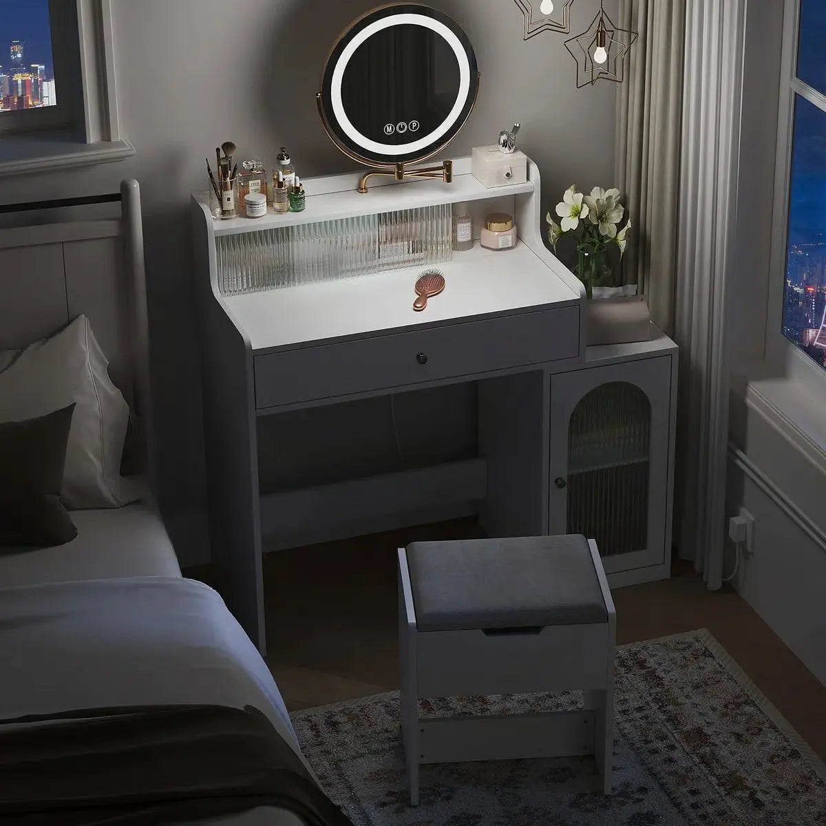 360° Mirror White Vanity Desk – Adjustable Lights, Makeup Table with Storage Chair for Girls